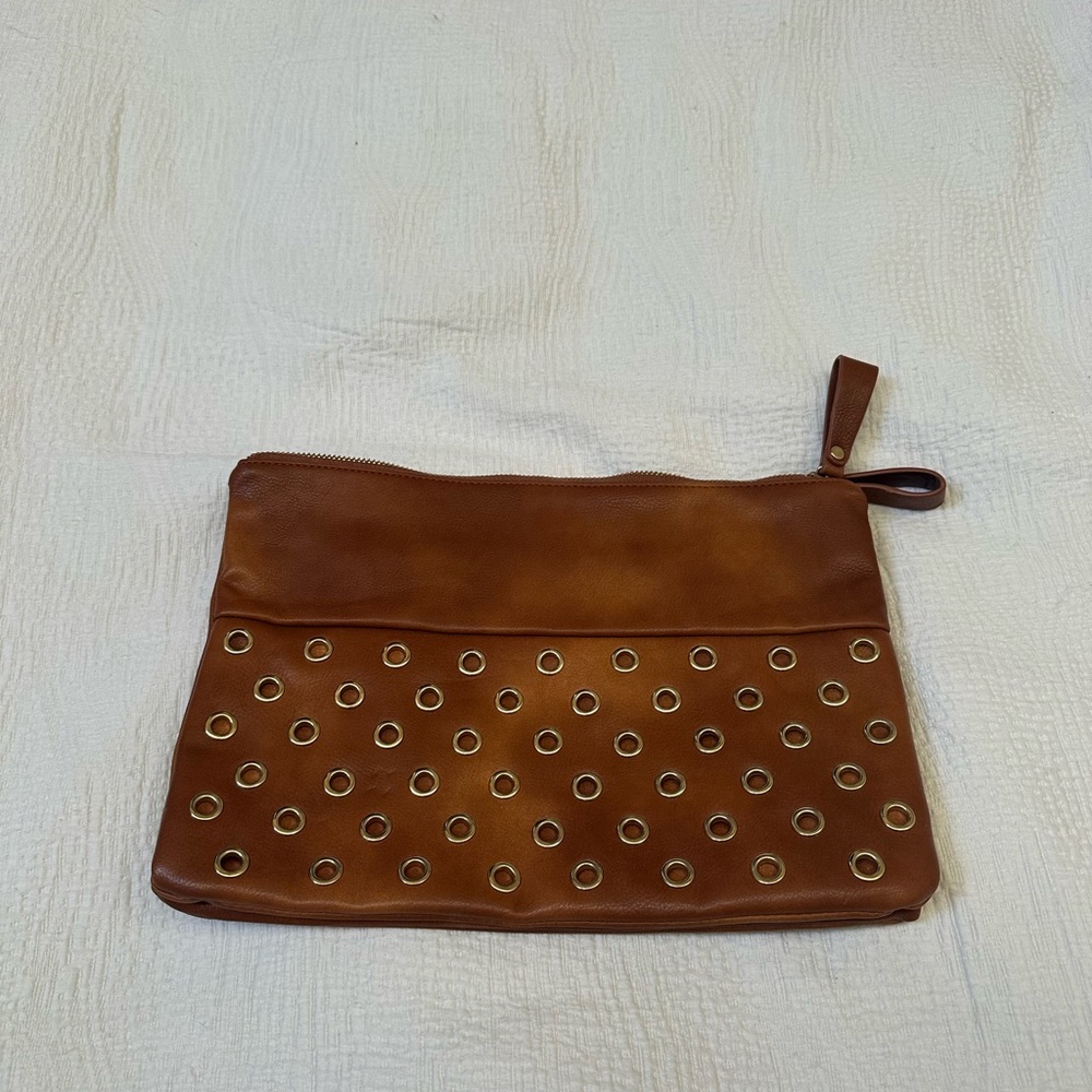 Brown Leather Clutch with Eyelet Design